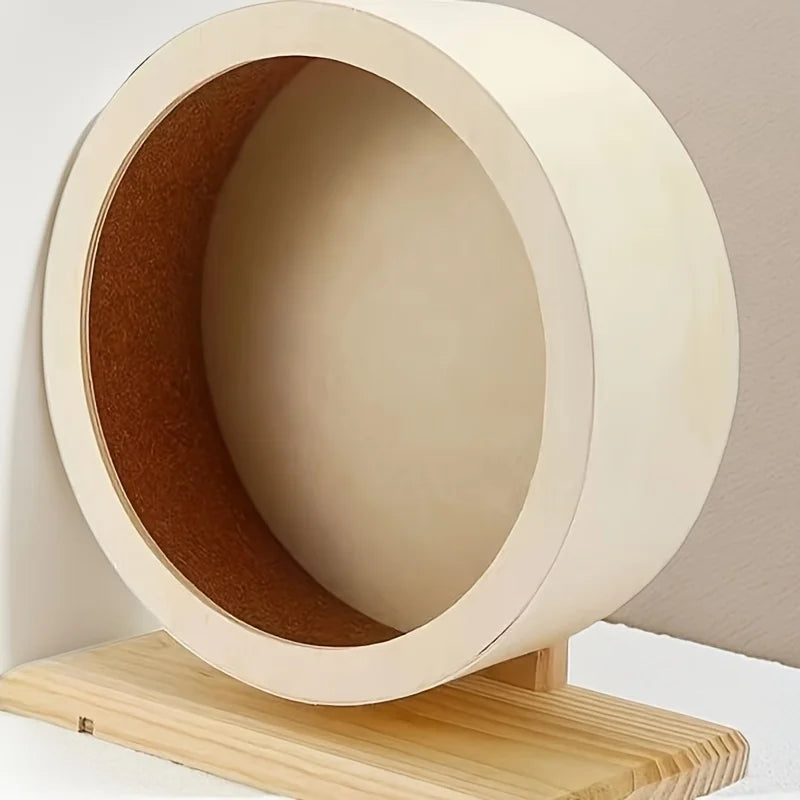Wooden Silent Hamster Wheel with Stand | Natural Wood Exercise Spinner for Chinchillas/Hedgehogs/Ferrets, Anti-Slip Non-Ejection