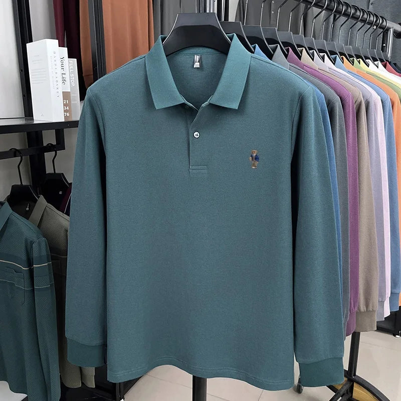 100% pure cotton men's trendy luxury brand autumn long sleeved polo shirt designer teddy bear embroidery business casual T-shirt