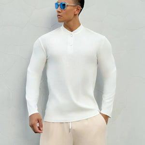 Men's New-style Henry Collar Large Polo Sports And Fitness Breathable Casual Training High-elastic Long-sleeved T-shirt