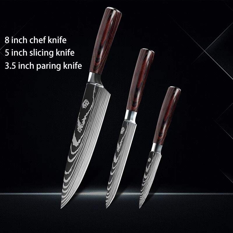 Chef knife 1-10Pcs Set Laser Damascus Pattern Kitchen Knives Sharp Japanese Santoku Slicing Utility Knife Cleaver Boning Knives - You Offer