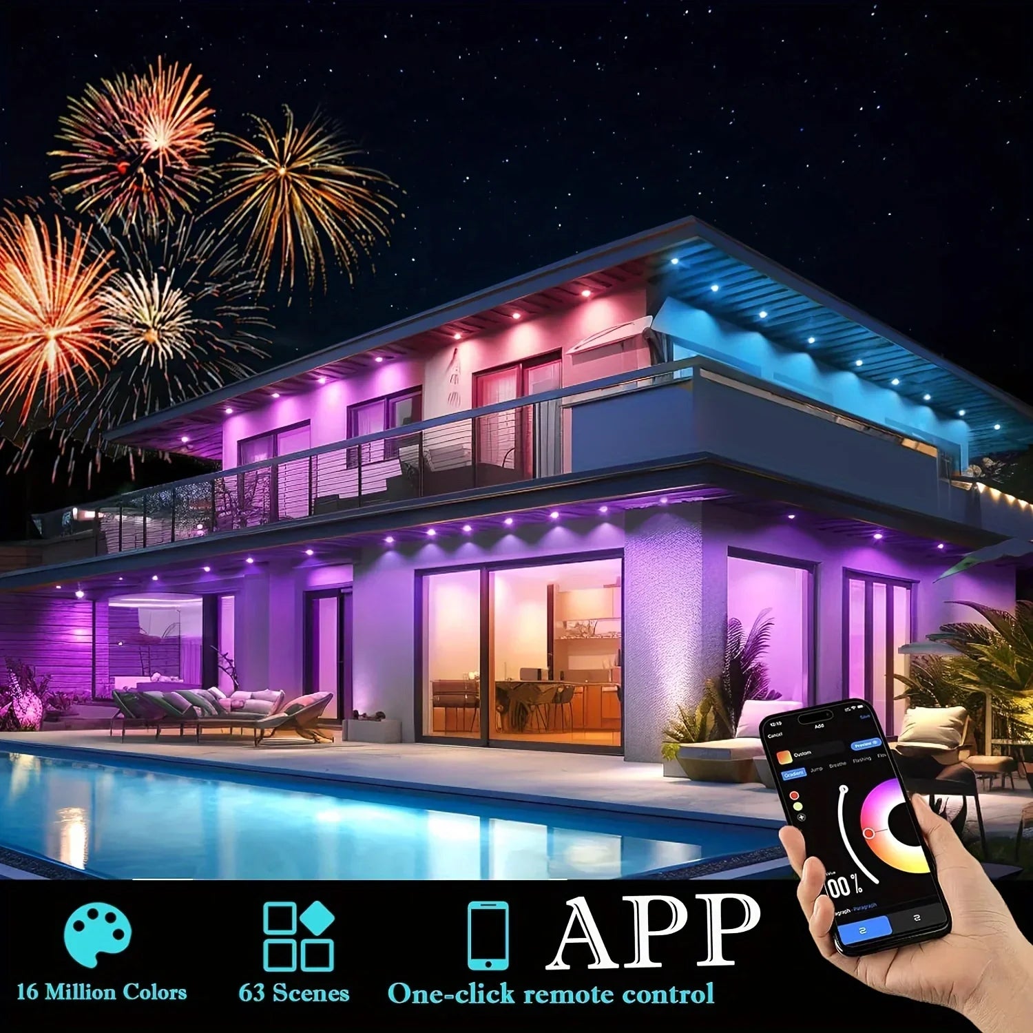 100FT 60 LEDs Permanent Outdoor Lights Smart RGBIC Eaves LED Lights Festival Flashing Lighting Fairy String  Holiday Lighting