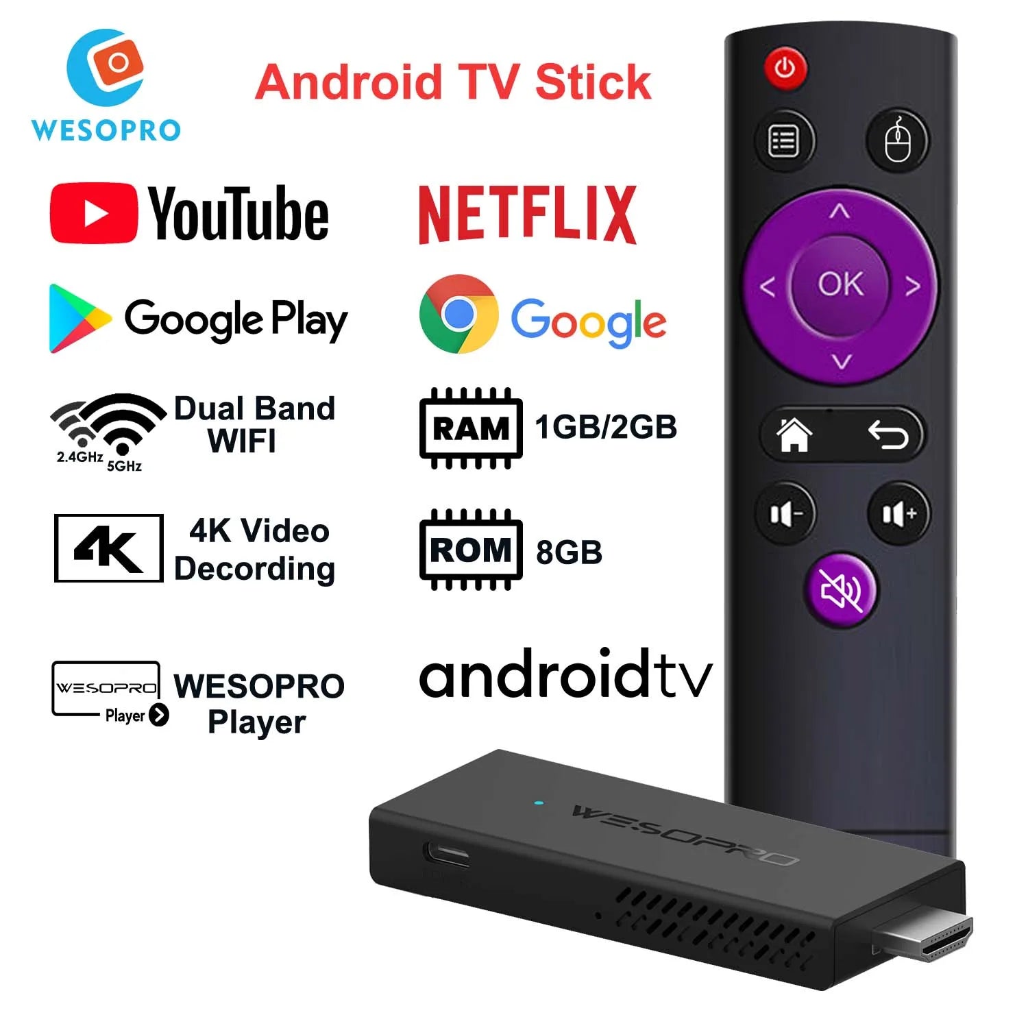 WESOPRO Android TV Stick G2 Lite Plus IPTV Dongle 1GB 2GB RAM 8GB ROM 2.4GHz 5.0GHz Wifi 4K Decoding Streaming Media Fire Stick - You Offer