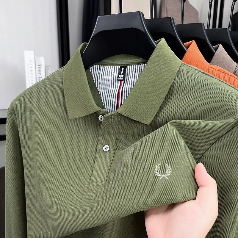 100% pure cotton autumn and winter highend men POLO shirt fashion brand embroidered wheat business casual lapel long sleeved top