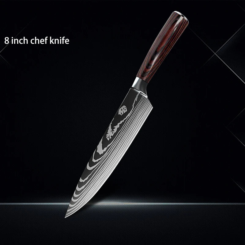 Chef knife 1-10Pcs Set Laser Damascus Pattern Kitchen Knives Sharp Japanese Santoku Slicing Utility Knife Cleaver Boning Knives - You Offer