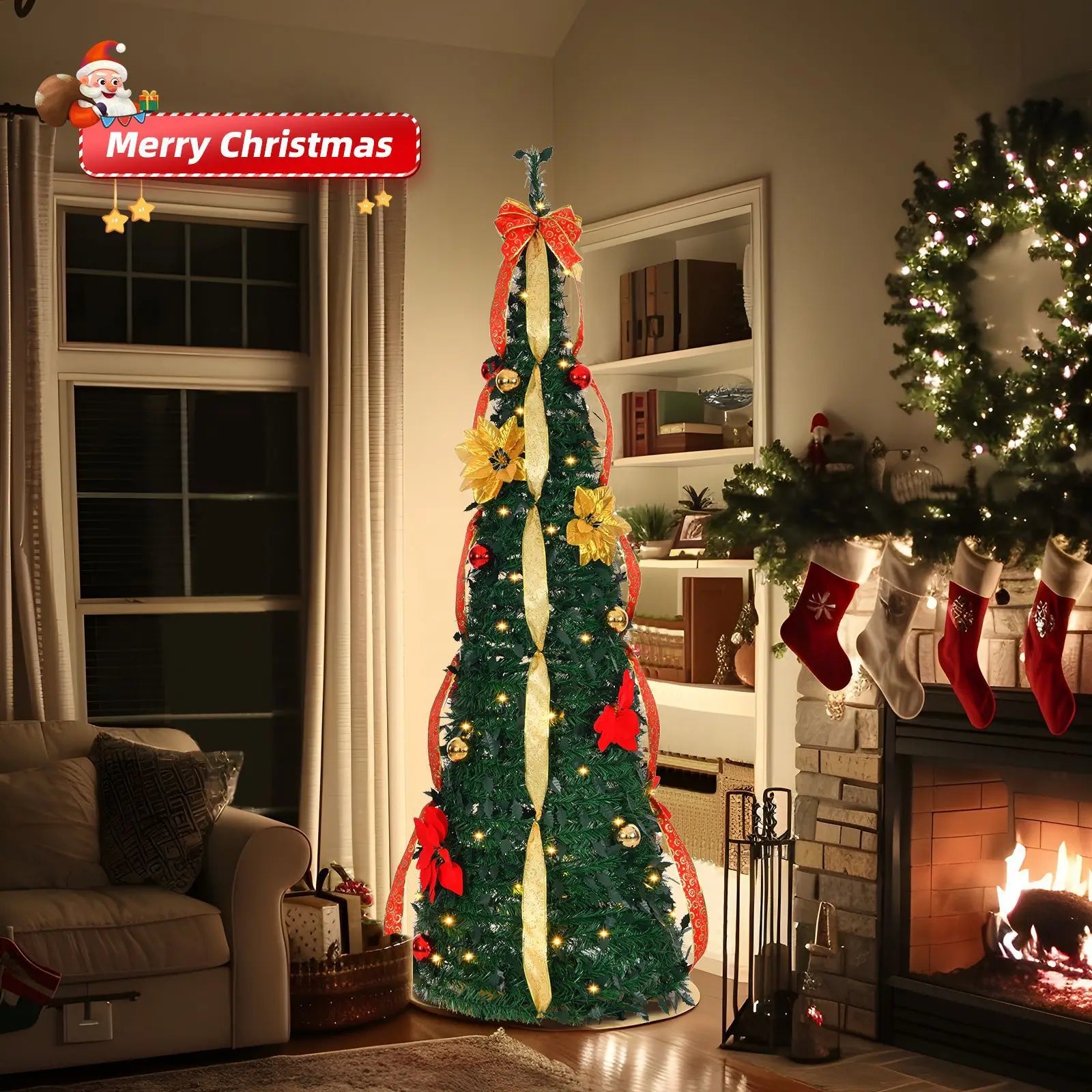 New Retractable Christmas Tree with Red and Yellow Flower Decorations, LED Light Frame, Foldable Holiday Ornament
