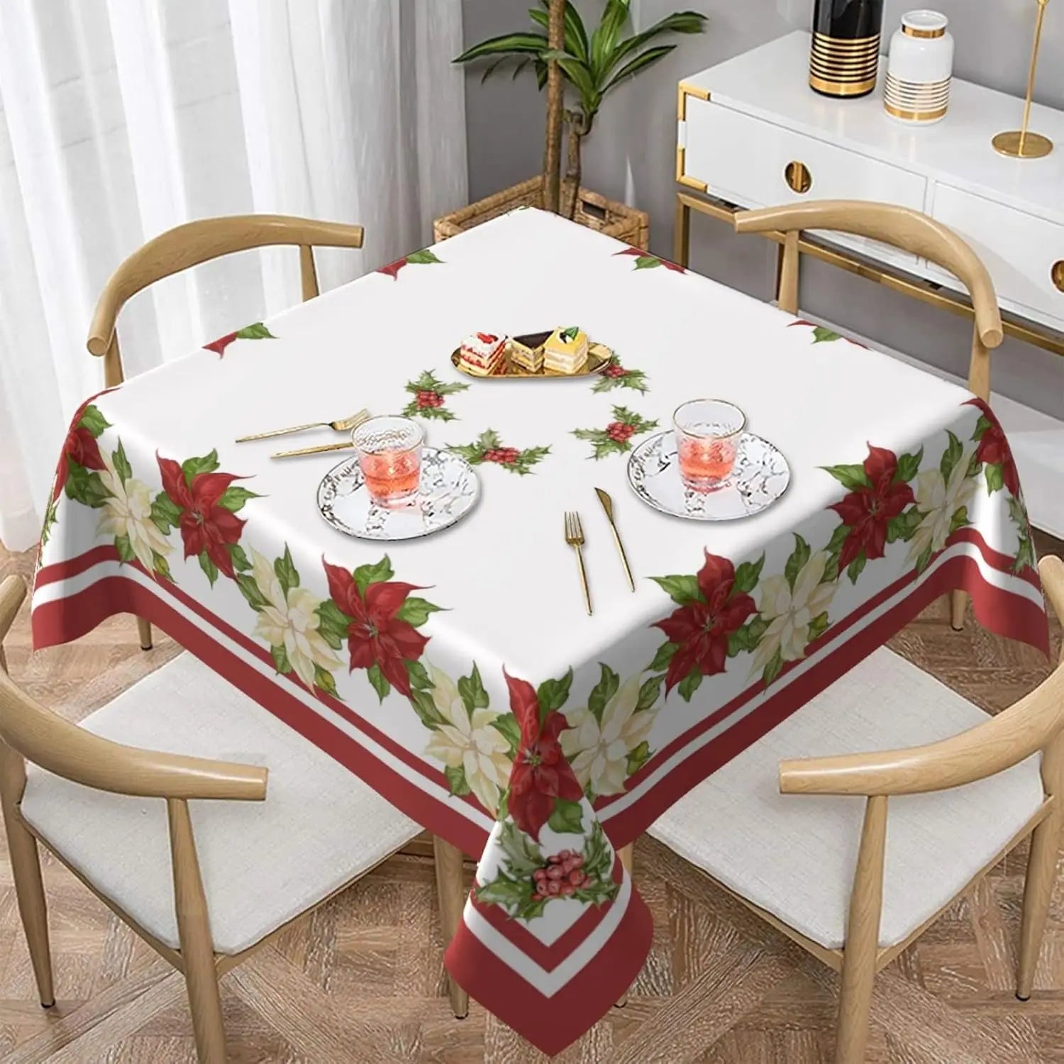 Christmas Poinsettia Red Rectangle Tablecloths Winter Xmas Wedding Party Deocr Dining Room Table Decor Navidad Decorations 2025