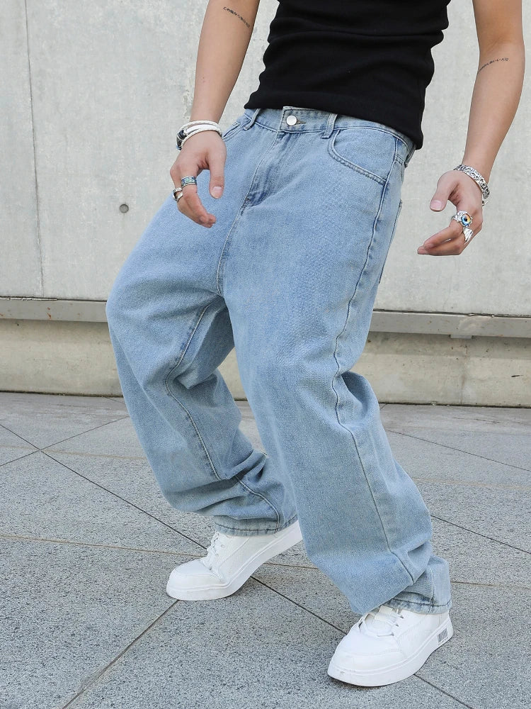 Spring Autumn Men Baggy Jeans Oversize Straight Loose Casual Denim Trousers Solid Color Streetwear Fashion Y2k Wide Leg Pants - You Offer
