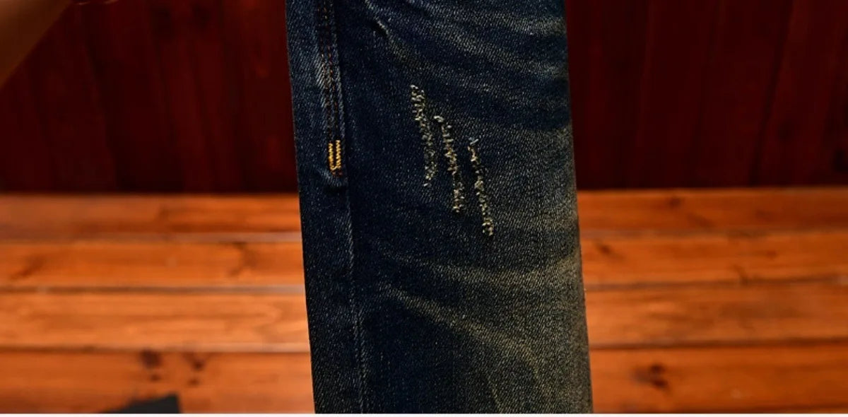 Heavy duty denim washed retro jeans for men 2025 new slim fit small foot elastic trendy brand casual Korean version pants - You Offer