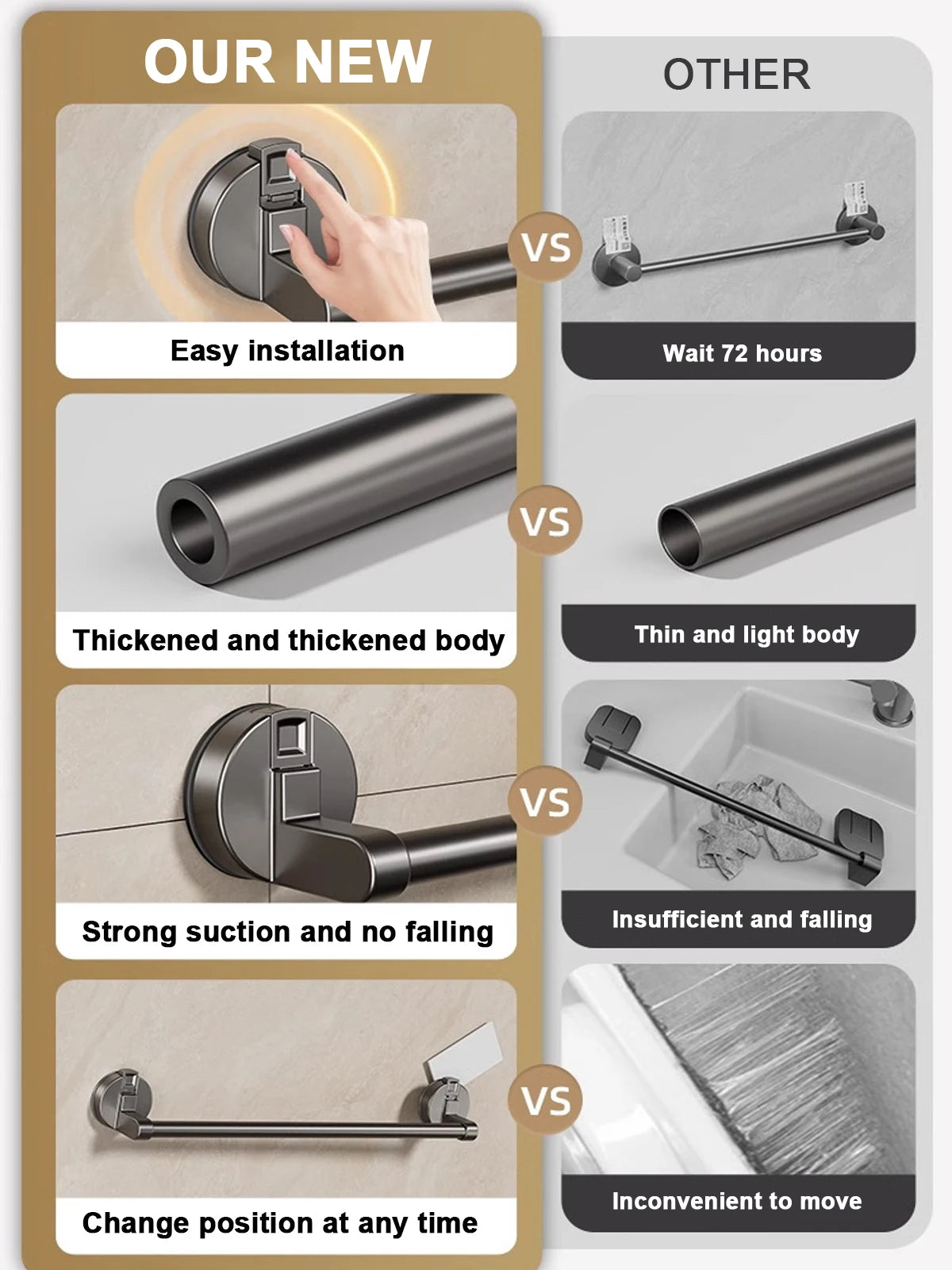 Suction Cup Bathroom Hand Towel Rack Towel Holder Wall Mount No Drill Mount 30/40/50cm Towel Bar Double Bar 2 Tier Apartment