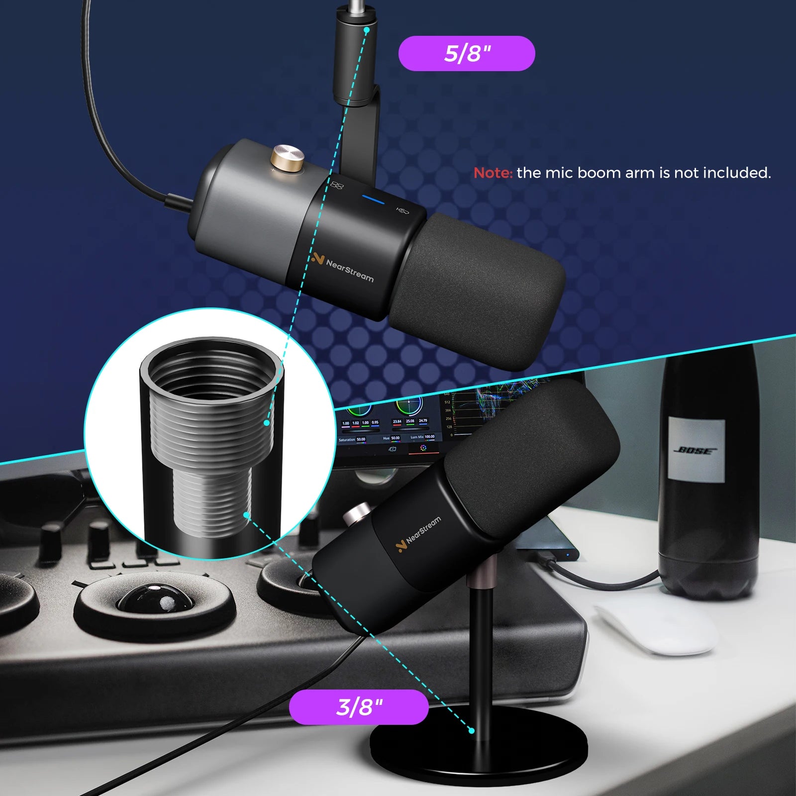 NearStream Dynamic XLR USB Mic Desktop Professional Microphone Plug-and-Play for Gaming Studio Streaming Podcast Recording pc