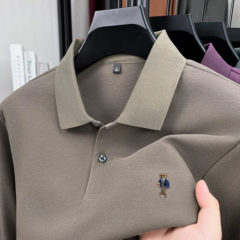 100% pure cotton men's trendy luxury brand autumn long sleeved polo shirt designer teddy bear embroidery business casual T-shirt