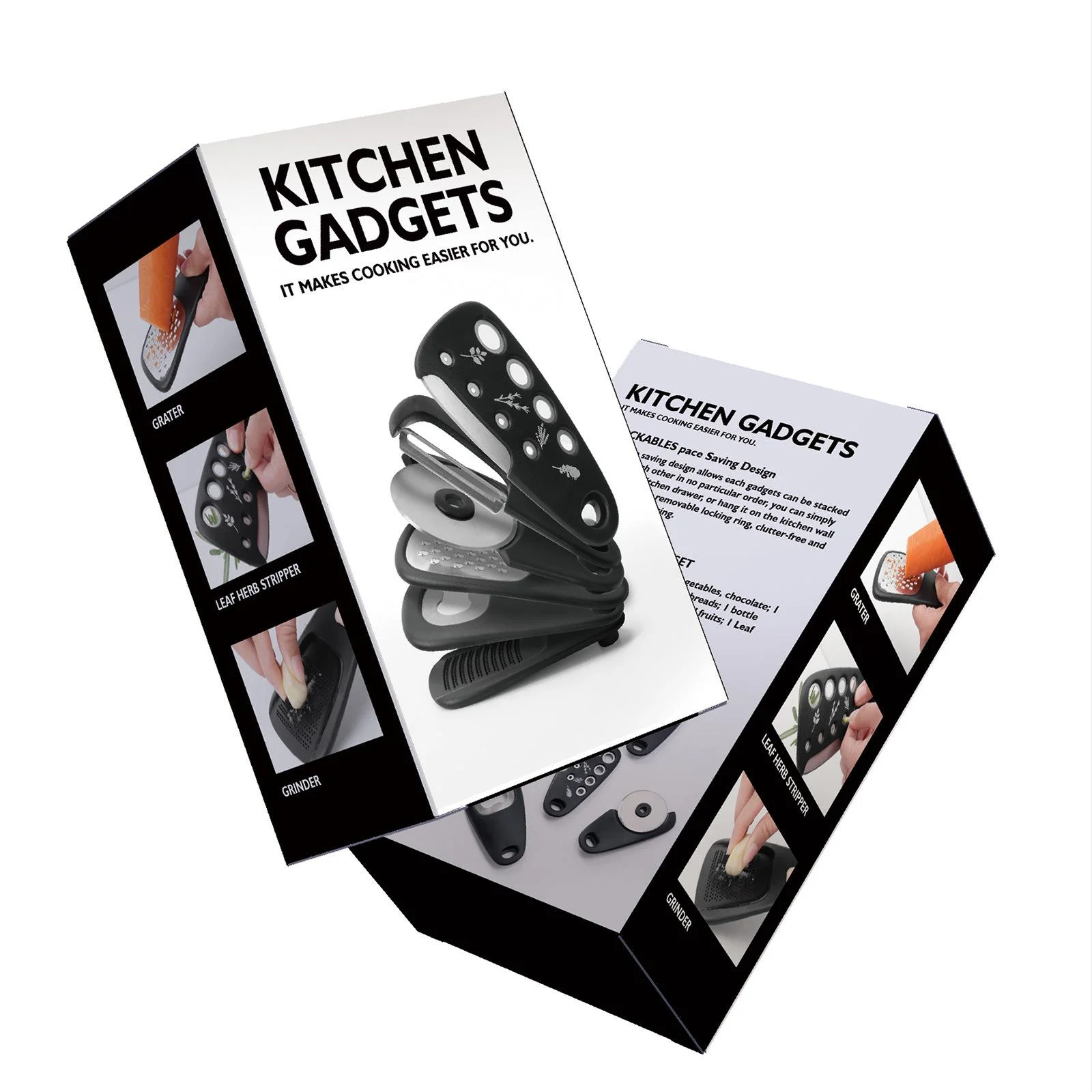 6 - in - 1 Stackable Kitchen Gadget Set | Peeler, Cheese Grater, Garlic Grinder, Bottle Opener, Pizza Cutter, Herb Cutter