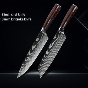 Chef knife 1-10Pcs Set Laser Damascus Pattern Kitchen Knives Sharp Japanese Santoku Slicing Utility Knife Cleaver Boning Knives - You Offer