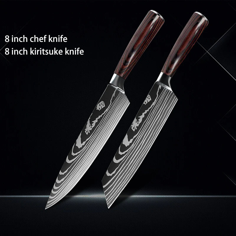 Chef knife 1-10Pcs Set Laser Damascus Pattern Kitchen Knives Sharp Japanese Santoku Slicing Utility Knife Cleaver Boning Knives - You Offer