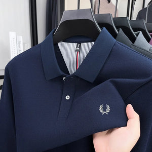 100% pure cotton autumn and winter highend men POLO shirt fashion brand embroidered wheat business casual lapel long sleeved top