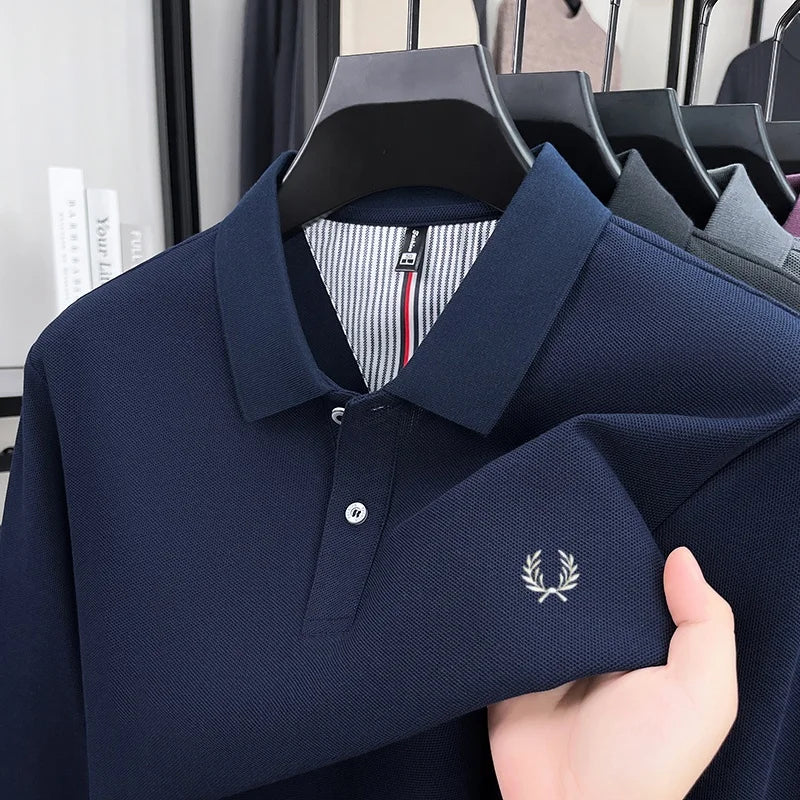 100% pure cotton autumn and winter highend men POLO shirt fashion brand embroidered wheat business casual lapel long sleeved top