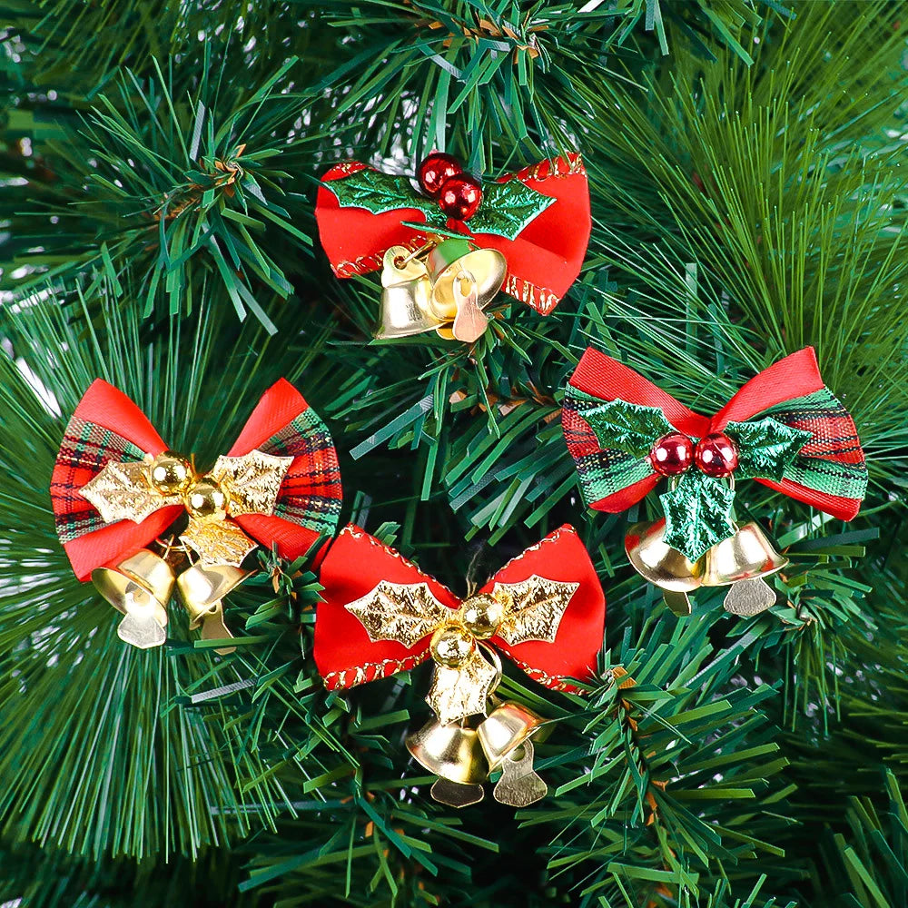 Christmas Mini Bowknot Jingle Bell Xmas Trees Hanging Pendant Small Bow with Bell Ornament DIY Party Gifts New Year Decorations