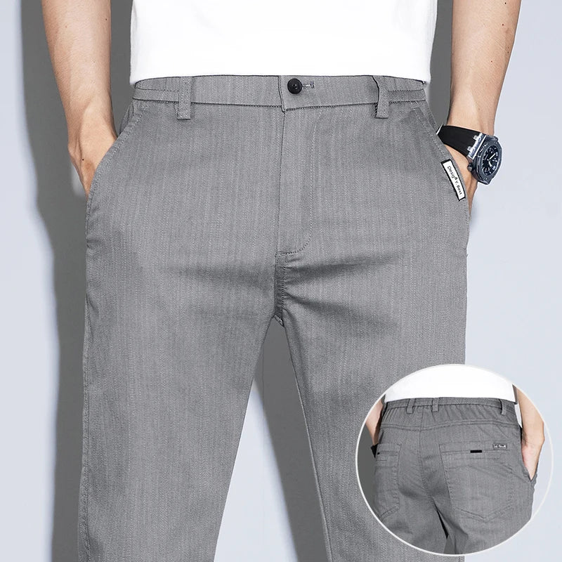 Spring Summer Classic Men's Casual Pants Stretch Slim Business Cotton Trousers Fashion Zippered Pocket Thin Men Pants Korean - You Offer