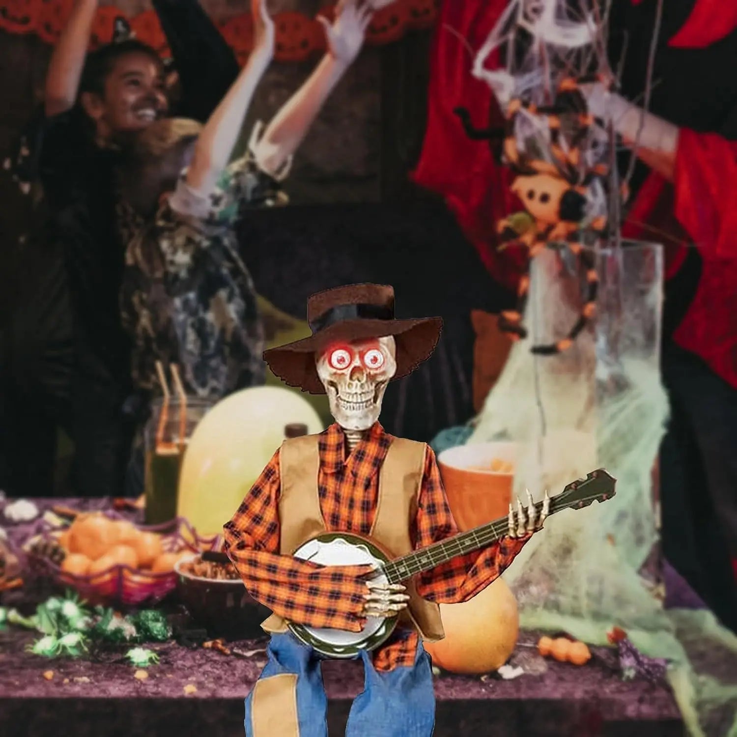 Halloween Banjo Scarecrow Playing Skeletons Animatronics Banjo Skeletons Decoration for Halloween Indoor Outdoor Yard Lawn Party