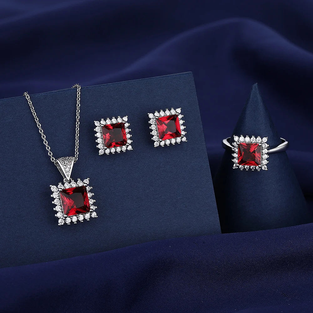 925 Sterling Silver Jewelry Set, Women's Shining Jewelry Cubic Zirconia Red Crystal Necklace Earrings Ring Birthday Gift Jewelry - You Offer