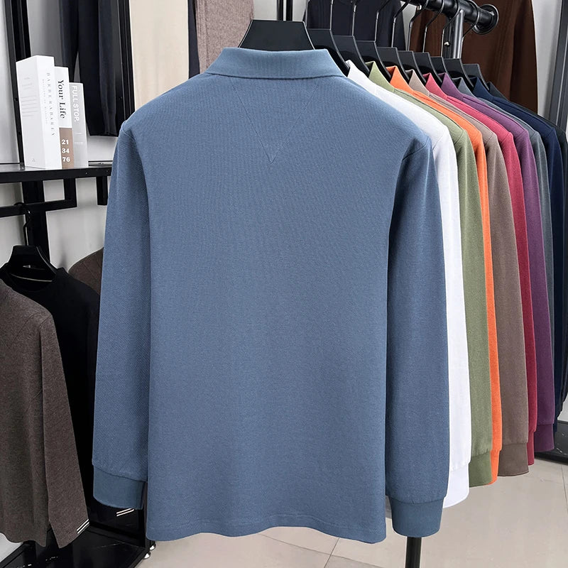 100% pure cotton autumn and winter highend men POLO shirt fashion brand embroidered wheat business casual lapel long sleeved top