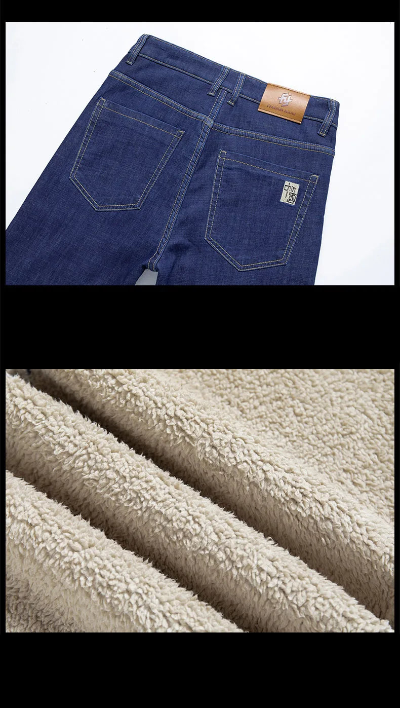 Winter Lamb Fluff Denim Straight Pants Men Thicken Big Size 40 Jeans High Waist Stretch Jeansy Fleece Lined Warm Slim Vaqueros - You Offer