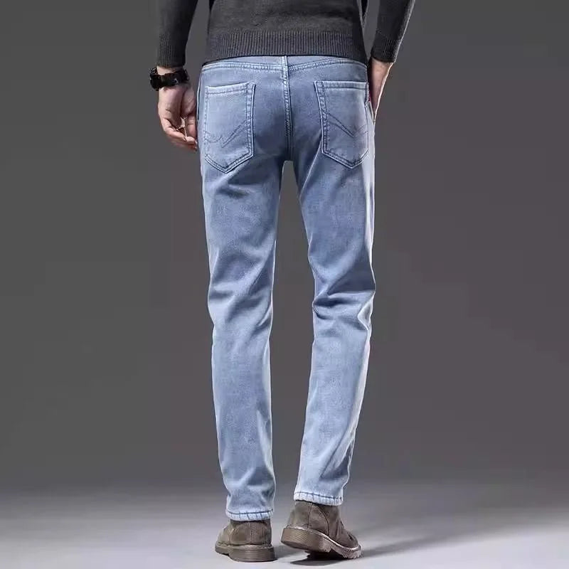 New Autumn and Winter Fashion Trend With Thick Fleece and Warm Straight Leg Blue Jeans For Men's Casual Sports High-end Jeans - You Offer