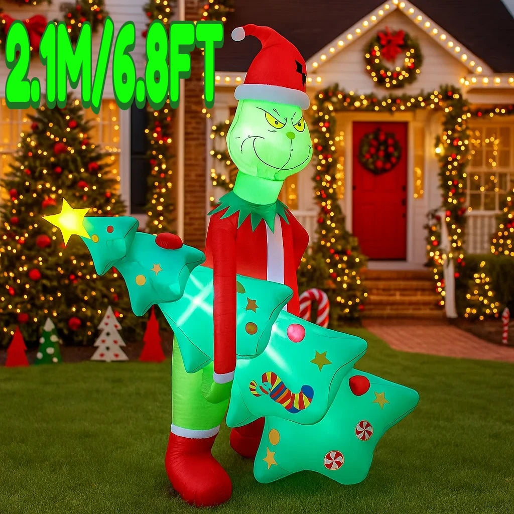 2.1M/6.8FT Inflatable Grinch Holding Christmas Trees Light LED Home Holiday Lighting Decor Yard Xmas Supplies Outdoor Ornament