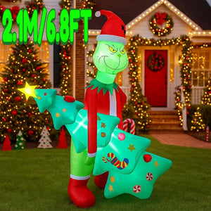 2.1M/6.8FT Inflatable Grinch Holding Christmas Trees Light LED Home Holiday Lighting Decor Yard Xmas Supplies Outdoor Ornament