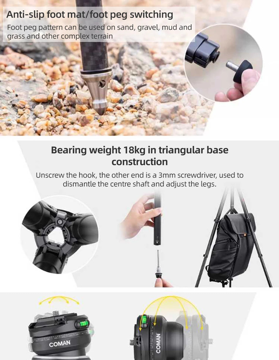 COMAN Zero F38 Carbon Fiber Travel Tripod Lightweight Professional Dslr Camera Tripod For Film making Smartphone Maxload 39.6lbs