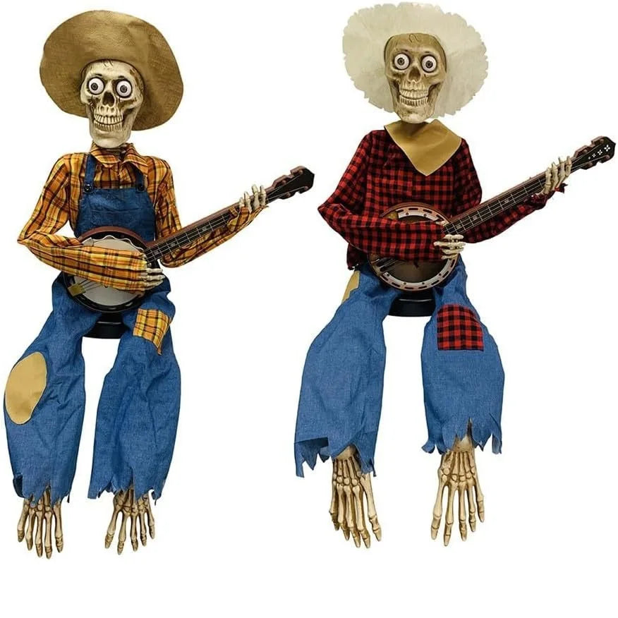 Halloween Banjo Scarecrow Playing Skeletons Animatronics Banjo Skeletons Decoration for Halloween Indoor Outdoor Yard Lawn Party