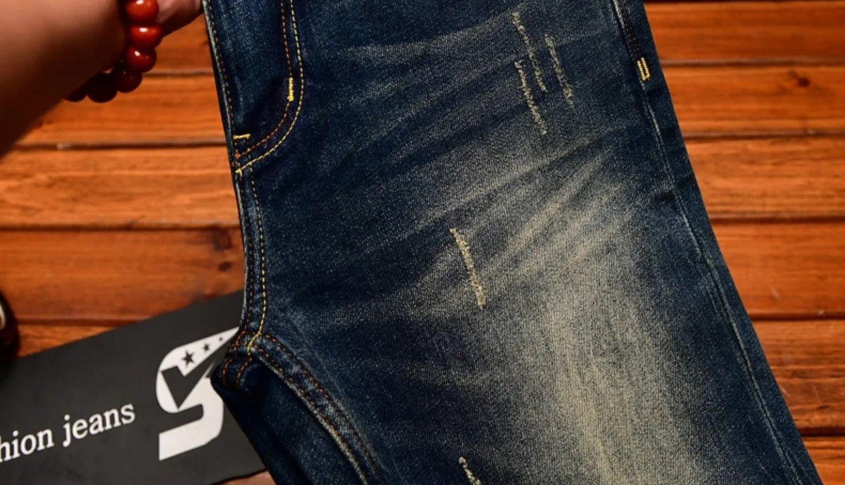Heavy duty denim washed retro jeans for men 2025 new slim fit small foot elastic trendy brand casual Korean version pants - You Offer