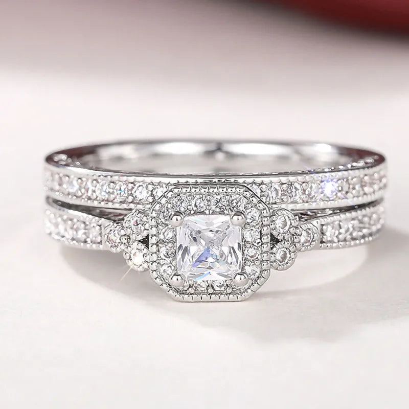 925 Sterling Silver Set Rings for Women 2Pcs Luxury Cubic Zircon Wedding Accessories Temperament Elegant Female Jewelry - You Offer
