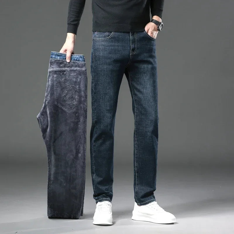Winter Thickened Warm Male Plush Trousers Brand Clothes Men's Fleece Jeans Straight Slim Stretch Fashion Business Denim Pants - You Offer