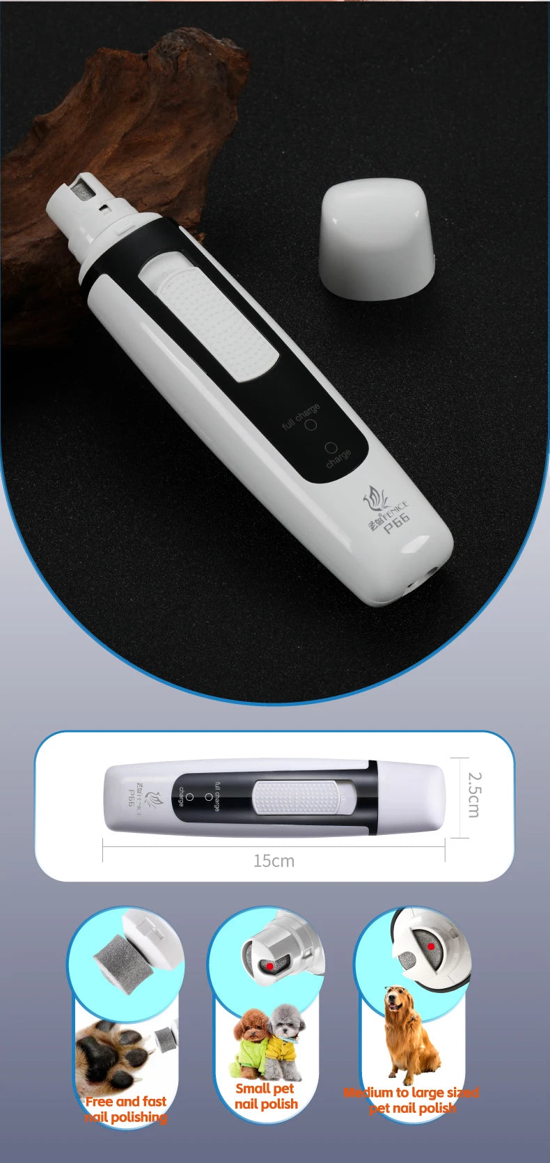 Fenice P66 USB Charging Electric Nail Grinder Rechargeable Quiet Pet Nail Clippers with Free Grinding Wheel for Dogs/Cats/Pets