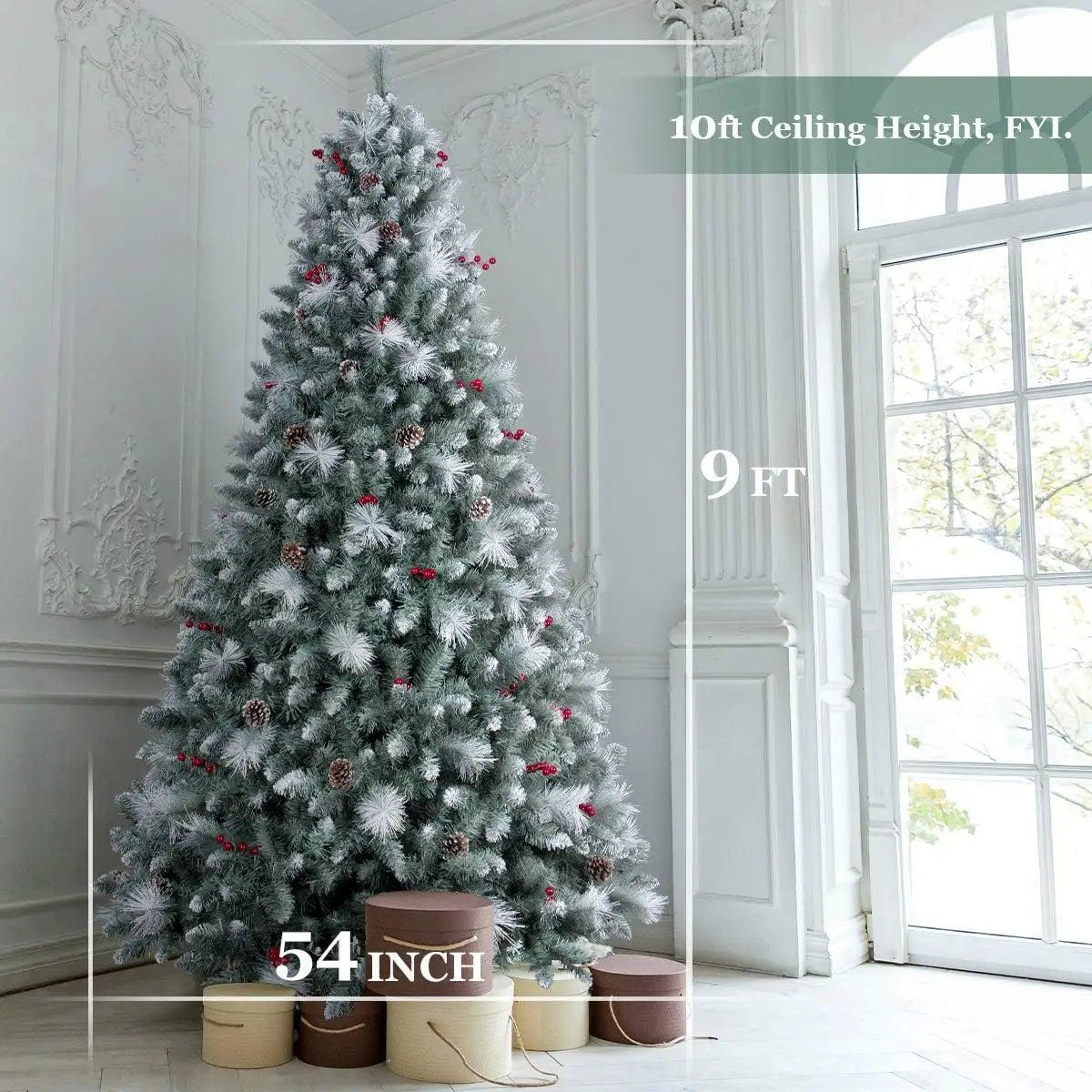 9ft Flocked Christmas Tree Prelit 750 Warm Lights Pinecones Berries Artificial Holiday Decor
