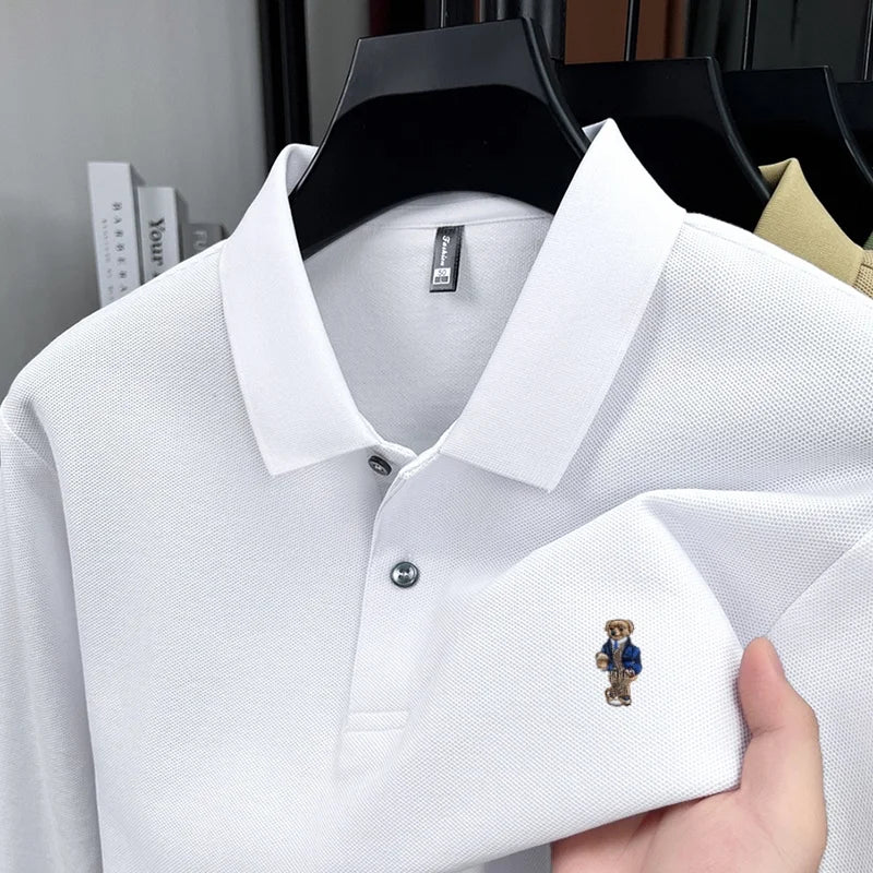 100% pure cotton men's trendy luxury brand autumn long sleeved polo shirt designer teddy bear embroidery business casual T-shirt