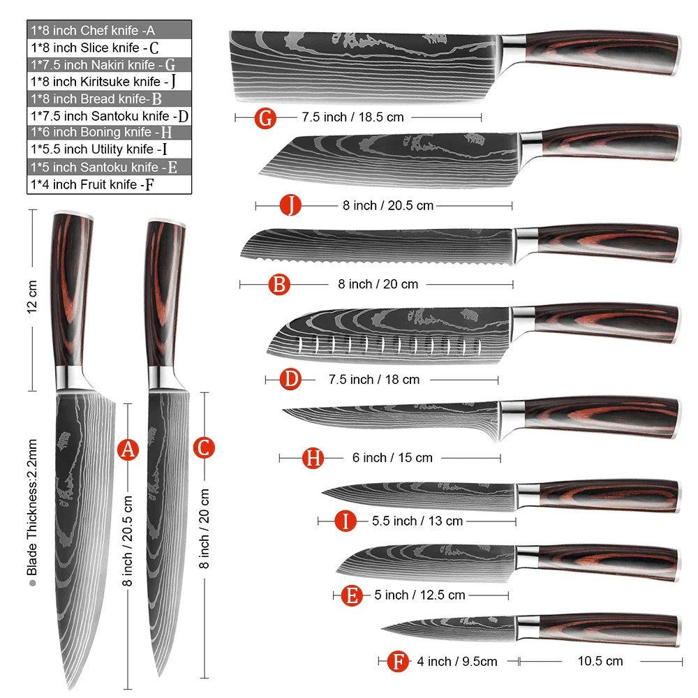 Chef knife 1-10Pcs Set Laser Damascus Pattern Kitchen Knives Sharp Japanese Santoku Slicing Utility Knife Cleaver Boning Knives - You Offer
