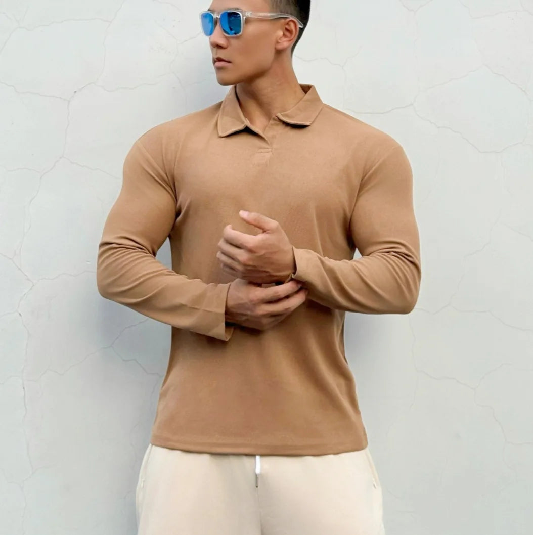 Men's New-style Henry Collar Large Polo Sports And Fitness Breathable Casual Training High-elastic Long-sleeved T-shirt