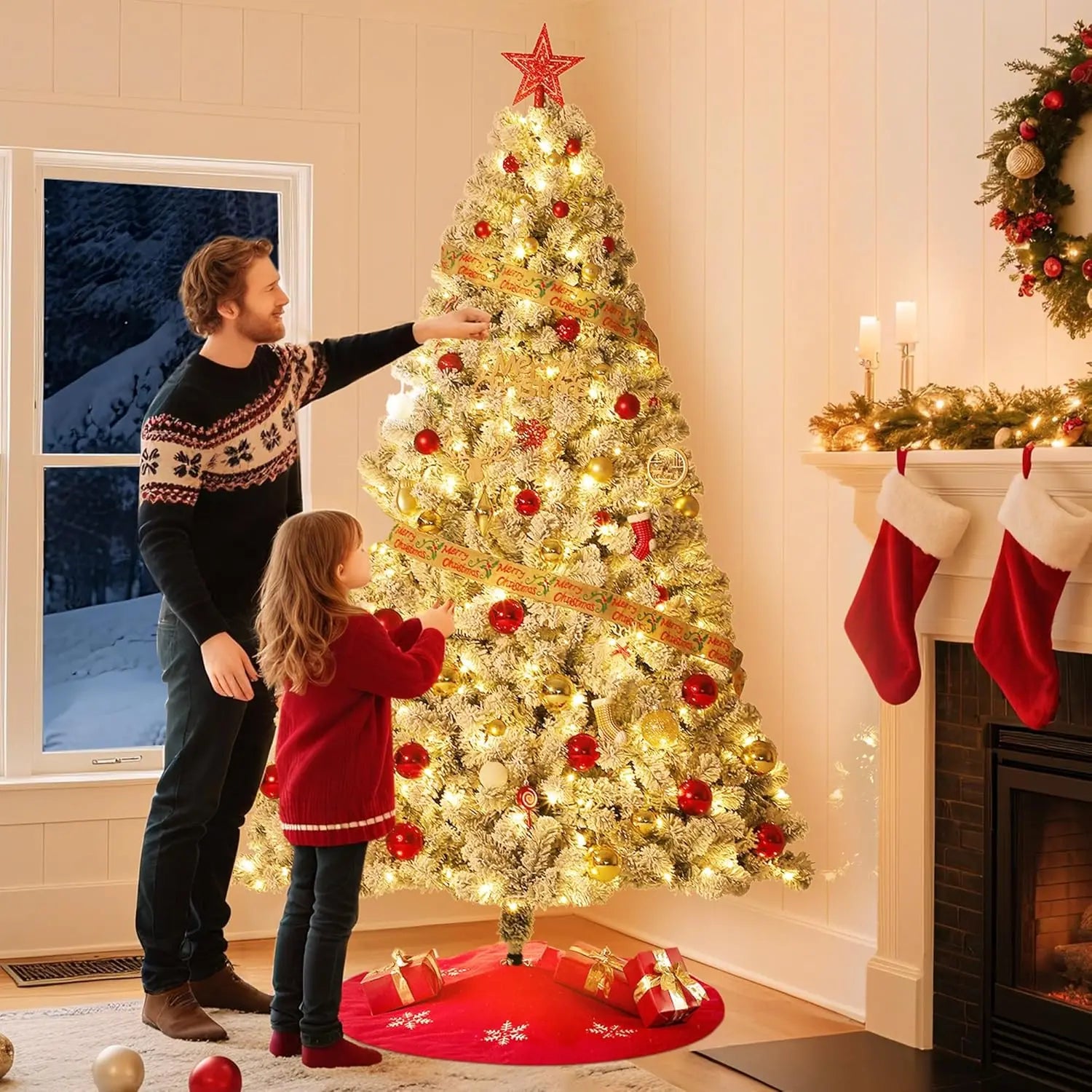7.5FT Christmas Tree Prelit Artificial Christmas Tree With 450 Warm White Lights Realistic Flocked Material Holiday Decoration