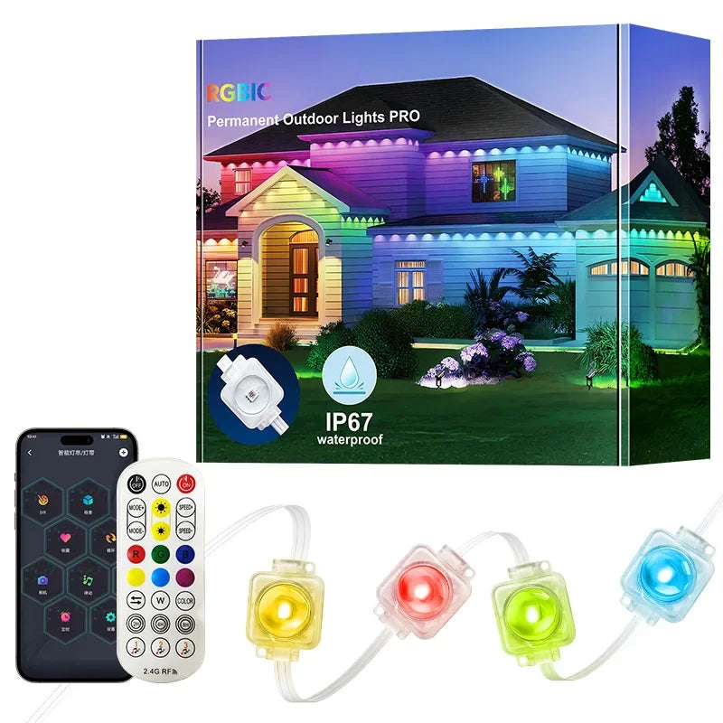 100FT 60 LEDs Permanent Outdoor Lights Smart RGBIC Eaves LED Lights Festival Flashing Lighting Fairy String  Holiday Lighting