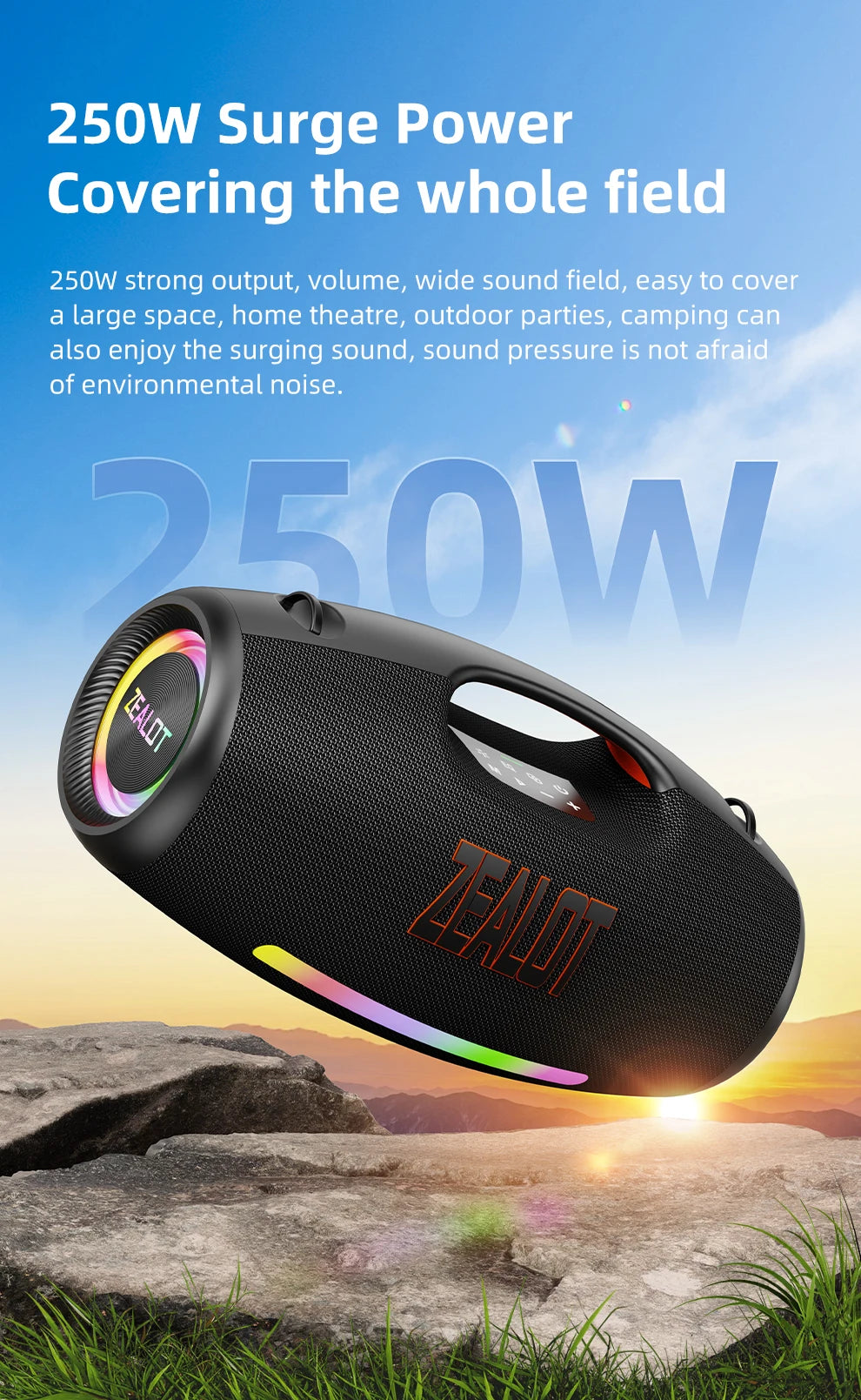 ZEALOT S89 250W Portable Bluetooth Speaker High Volume Waterproof 48000mAh Wireless TWS Subwoofer Suporrt USB/TF/AUX RGB light.