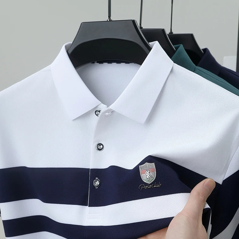 High quality fashion striped short sleeve polo shirt men's luxury brand embossed design summer new breathable T-shirt golf top