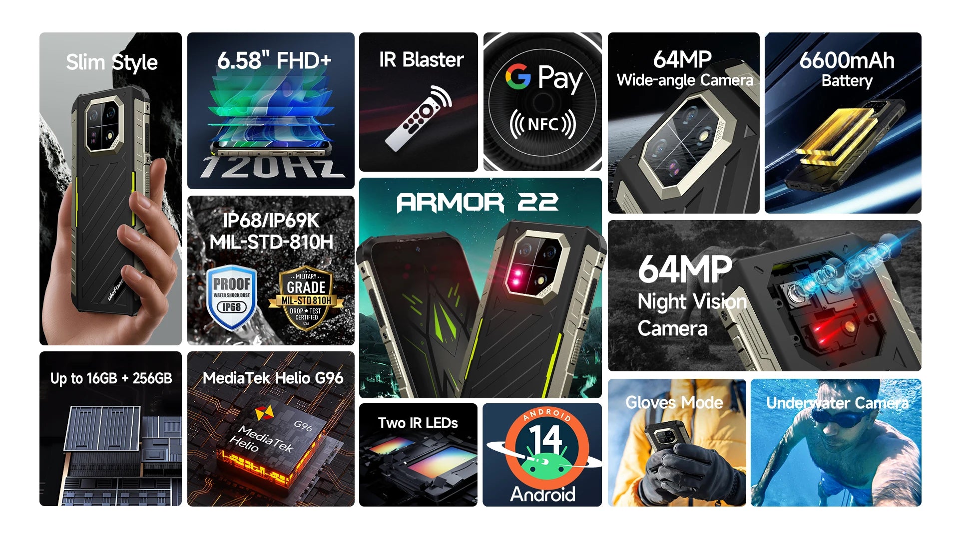 Ulefone Armor 22 Android 14,16GB (8+8GB RAM ),128GB/256GB ROM, 6.58" 120Hz ,6600mAh 33W,NFC,64MP Night Camera, Global Version