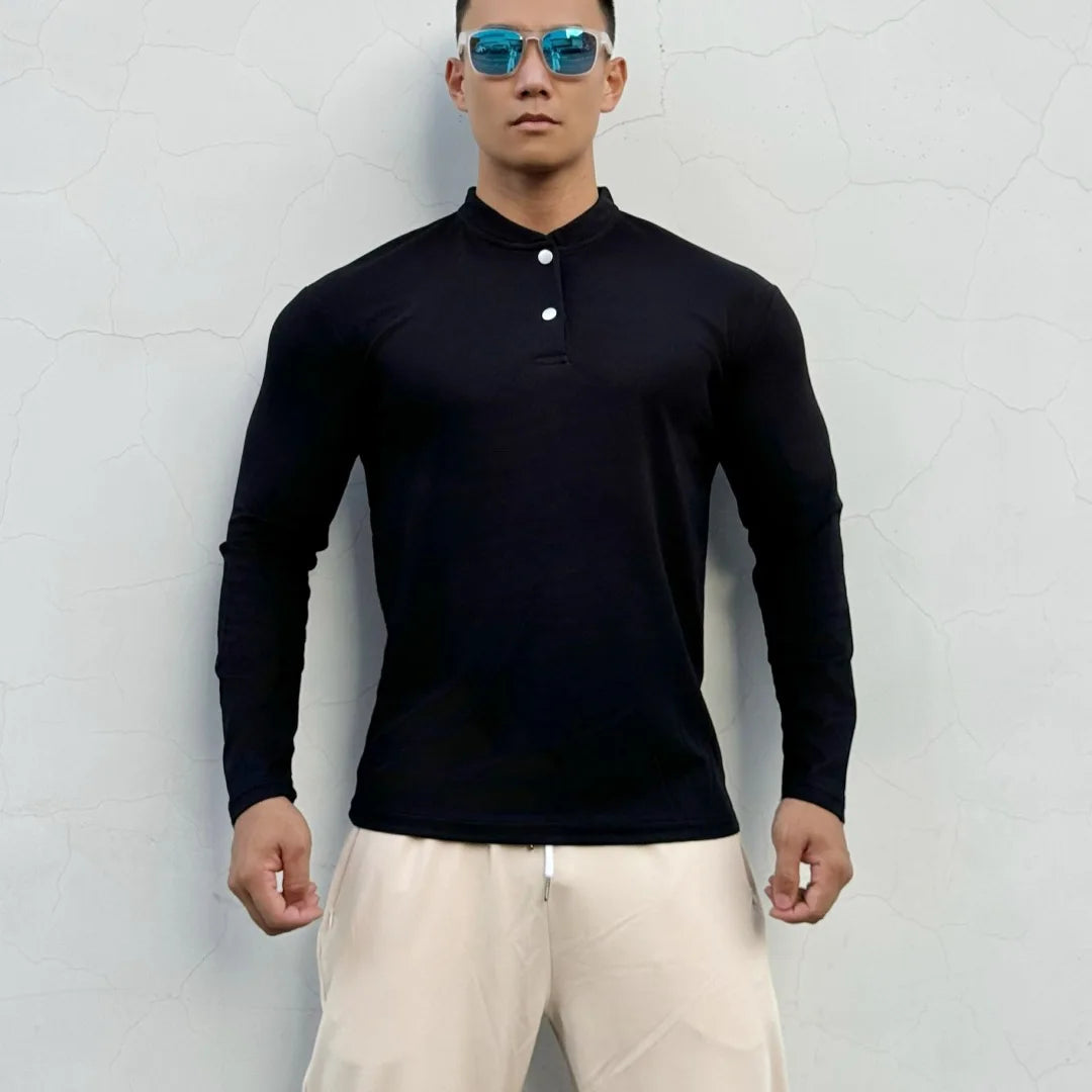 Men's New-style Henry Collar Large Polo Sports And Fitness Breathable Casual Training High-elastic Long-sleeved T-shirt
