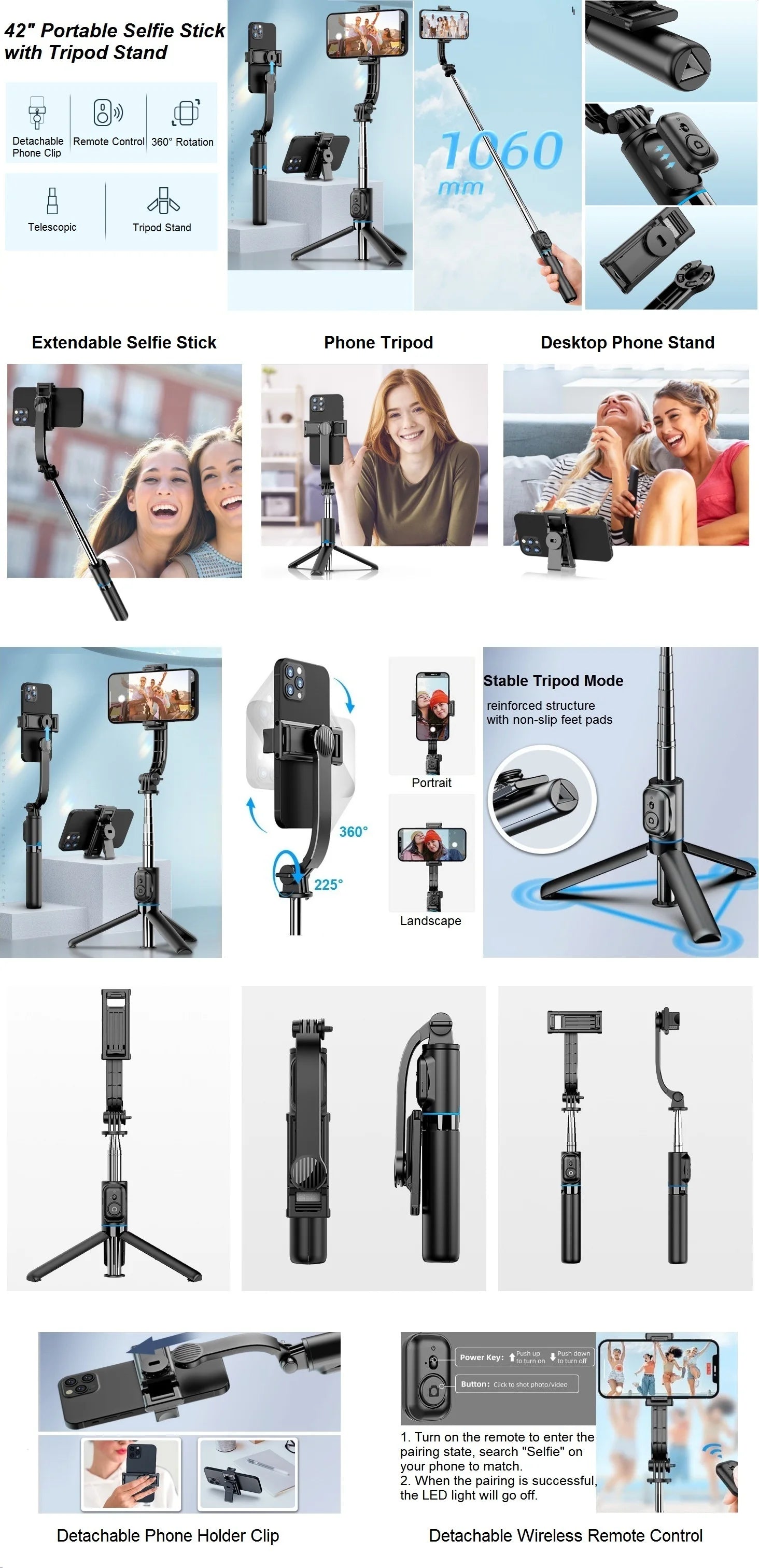 Selfie Stick for iPhone Phone 42" Extendable Selfie Stick and Tripod Stand with Bluetooth Remote for Travel Vlog Video Recording