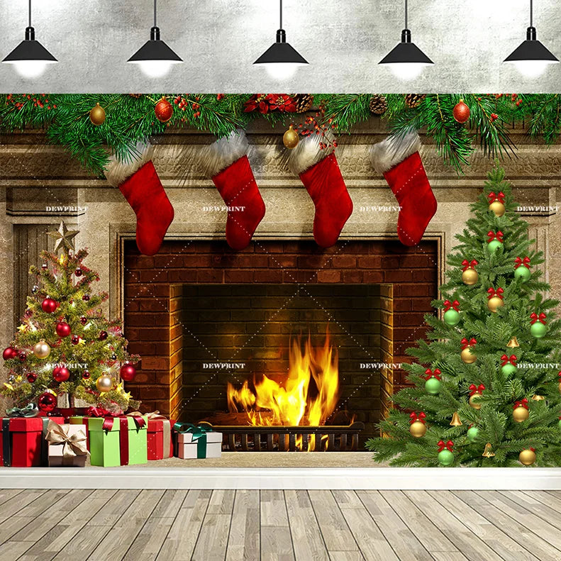 Dewprint Christmas Backdrop Background Banner Fireplace Theme Winter Xmas Tree Indoor Decor Family Holiday Party Portrait Photo