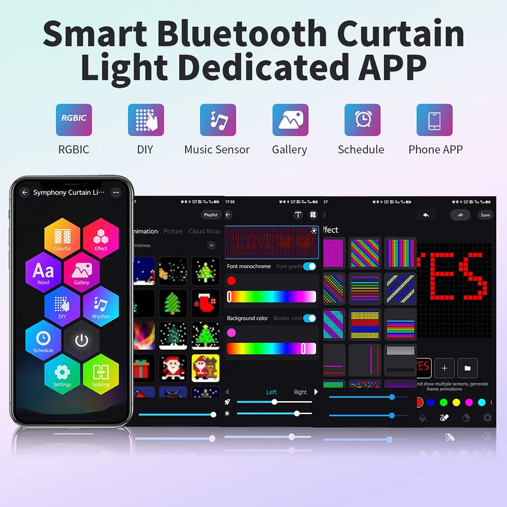 Smart Curtain Lights, 400 LED USB Curtain String Lights with App Remote Control,Music Sync Christmas Curtain String Outdoor