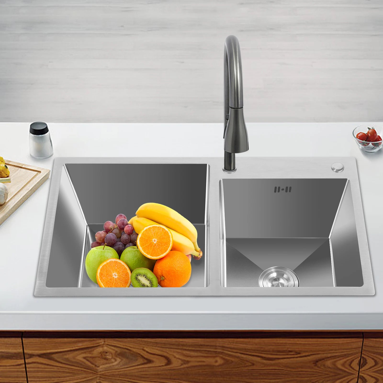 Double Basin Stainless Steel Sink w/ Drainer 30L+23L Capacity 201 Grade, Bathroom Kitchen Accessories Household Items - You Offer