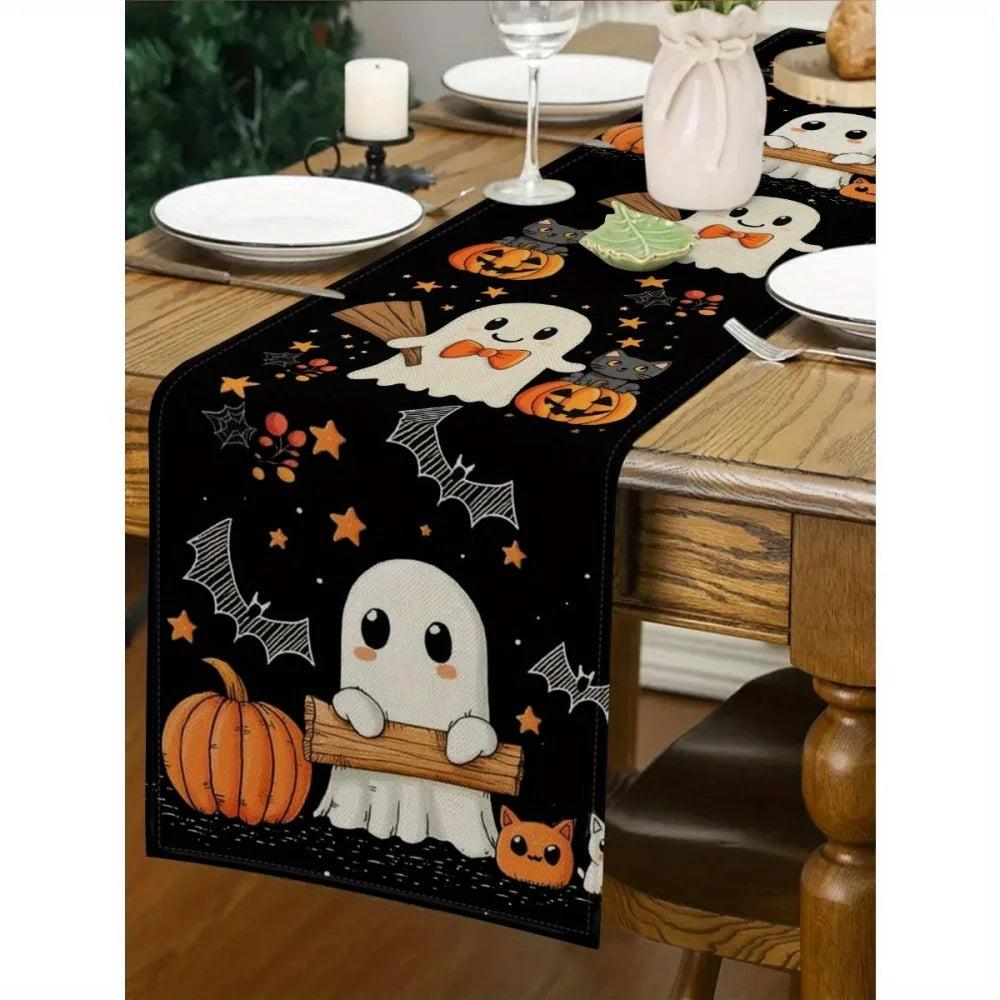1pc Halloween Table Runner - Cute Little Pumpkin Design with Bats, Jack-O'-Lanterns & Spiders, Halloween Decorations